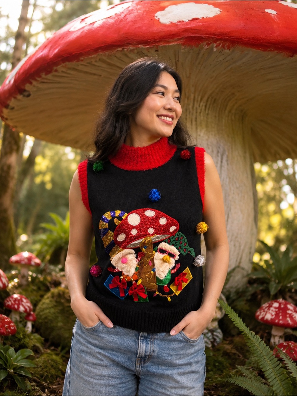 Ugly Christmas Sweater Vest Santa Gnome Under A Red Mushroom Women’s Sz L